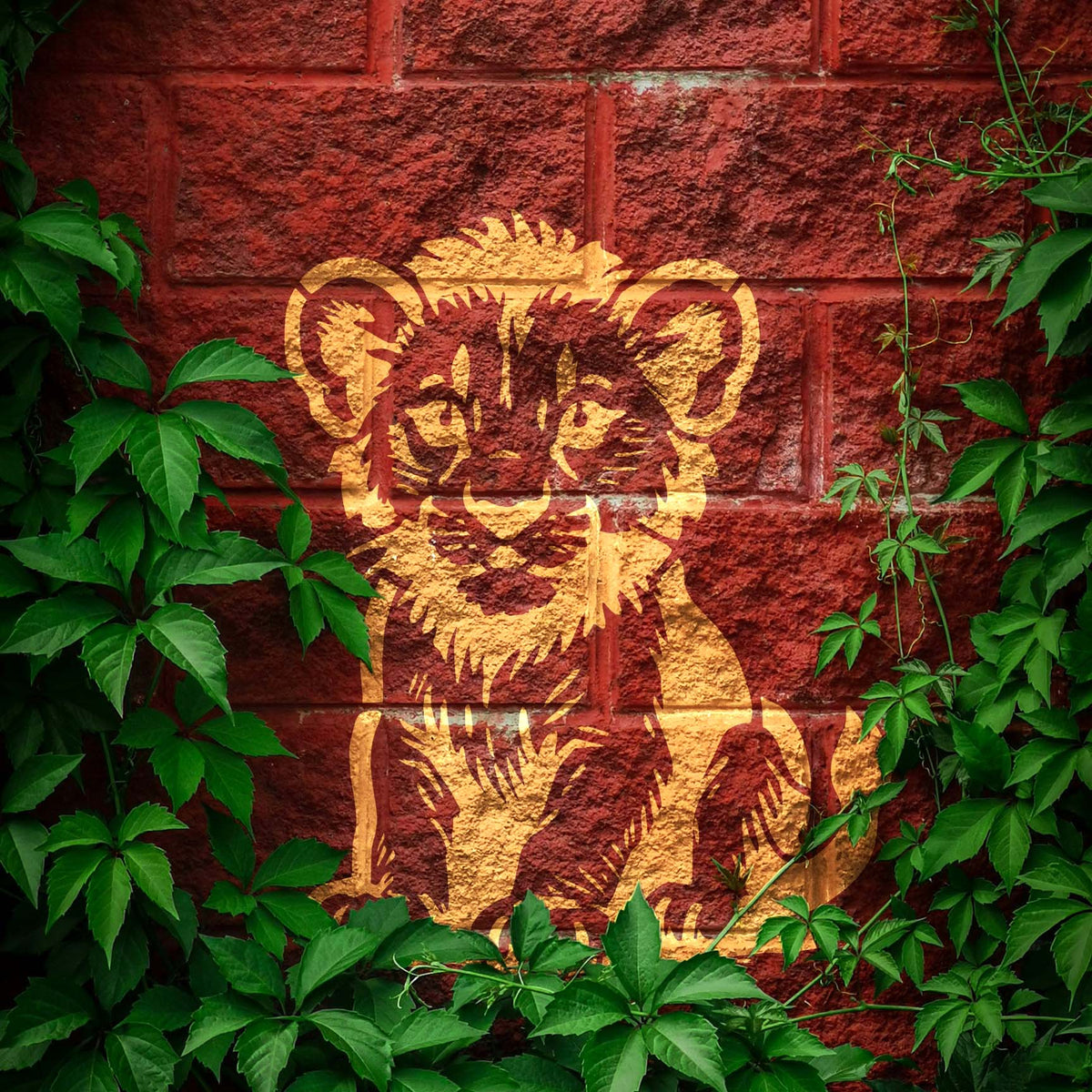 Golden Cute Lion Cub Stencil decorates a red brick wall framed by lush green climbing leaves.