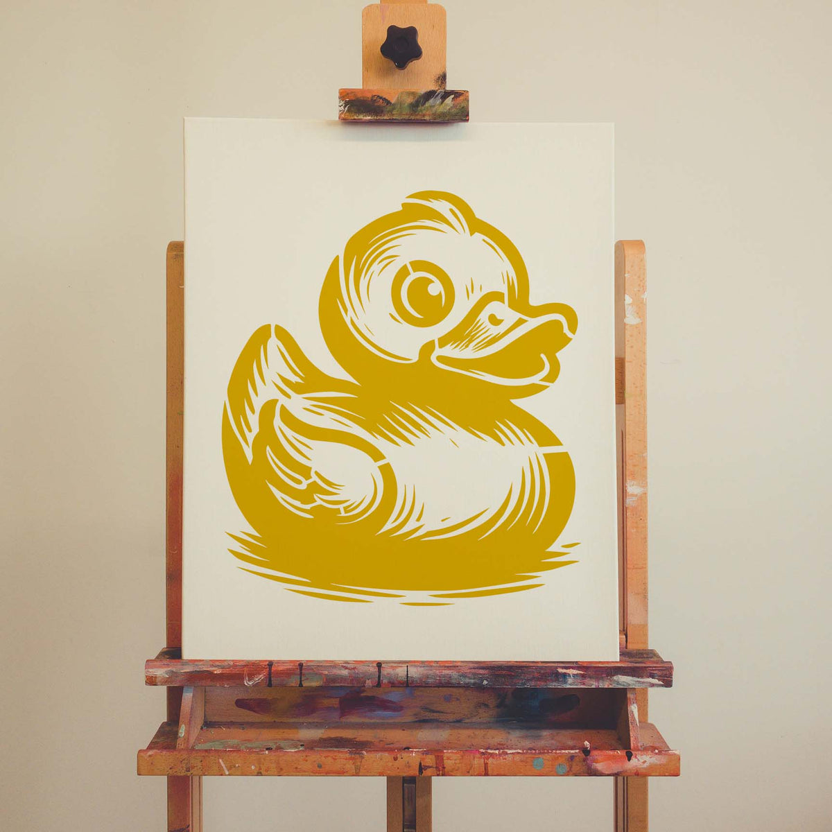 The Cute Rubber Duck Stencil appears in yellow on a canvas displayed on a wooden easel.