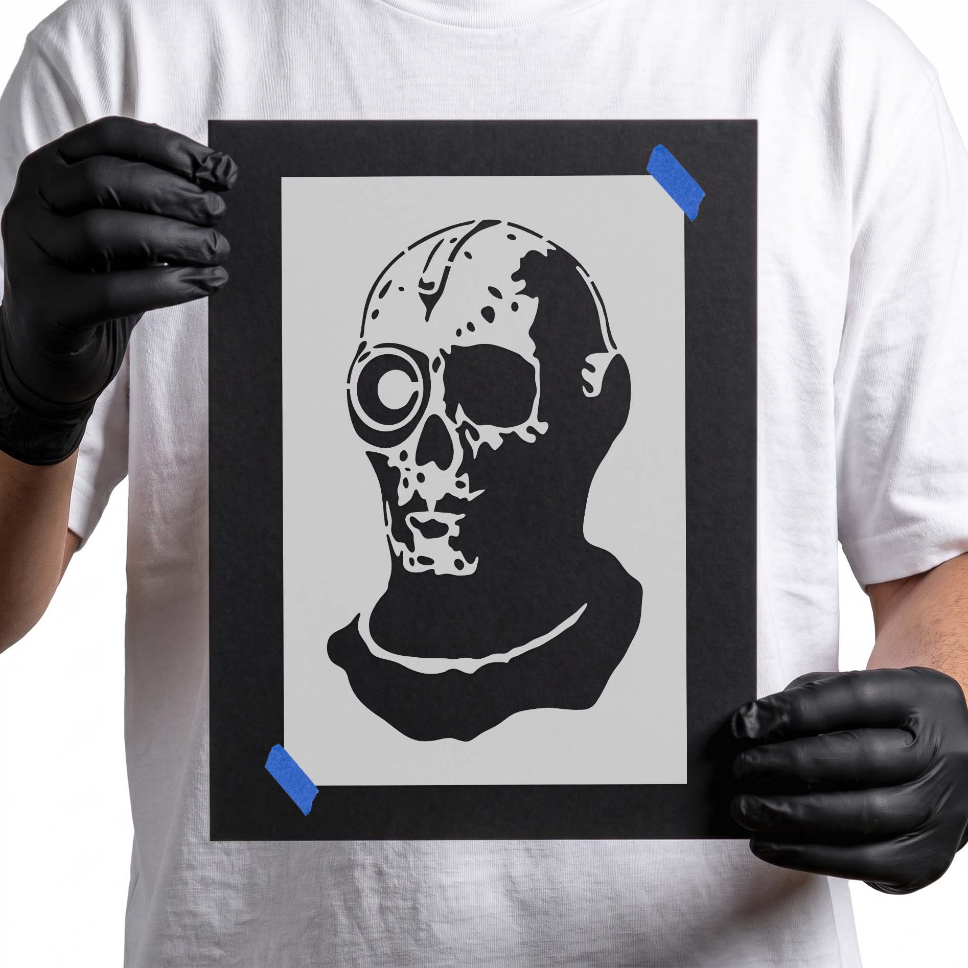 Half-human skull with a mechanical cybernetic eye design