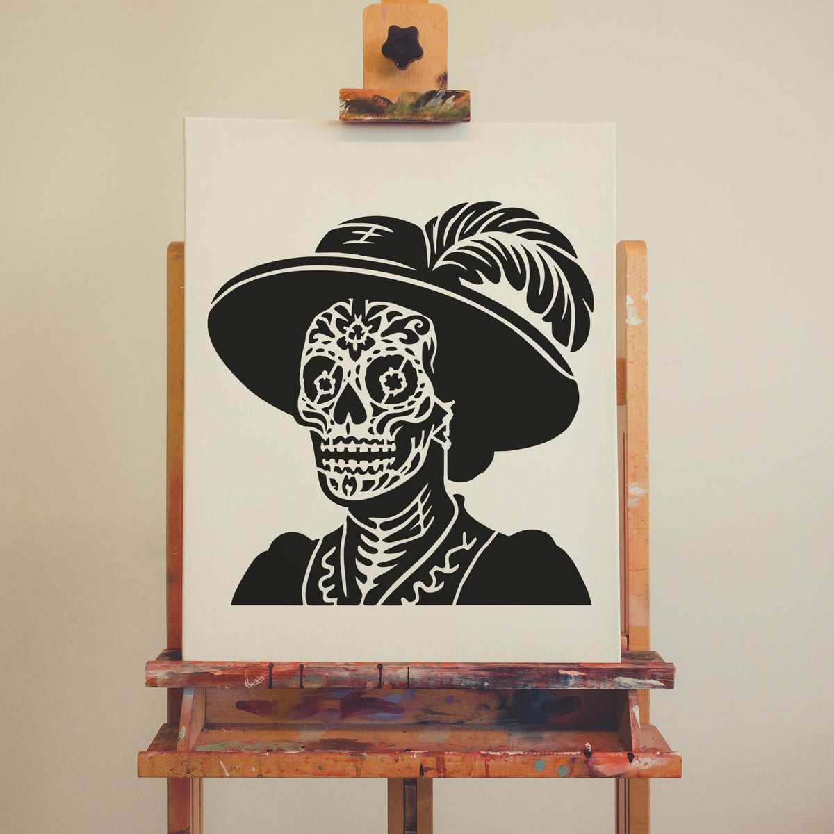 Day of the Dead Lady Portrait Stencil displayed on canvas with a feathered hat and floral skull details