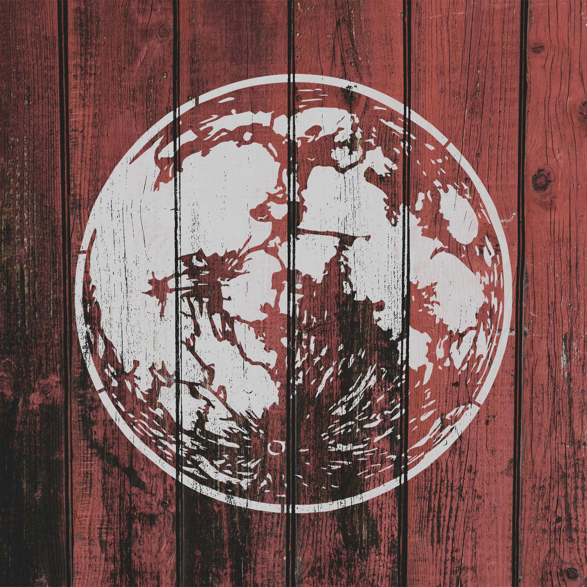 Rustic red wooden planks display the Detailed Full Moon Stencil in weathered white lunar detail.