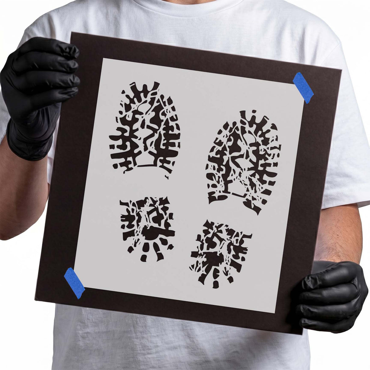 Dirty Shoeprint Stencil featuring rugged shoe sole impressions with distressed tread pattern