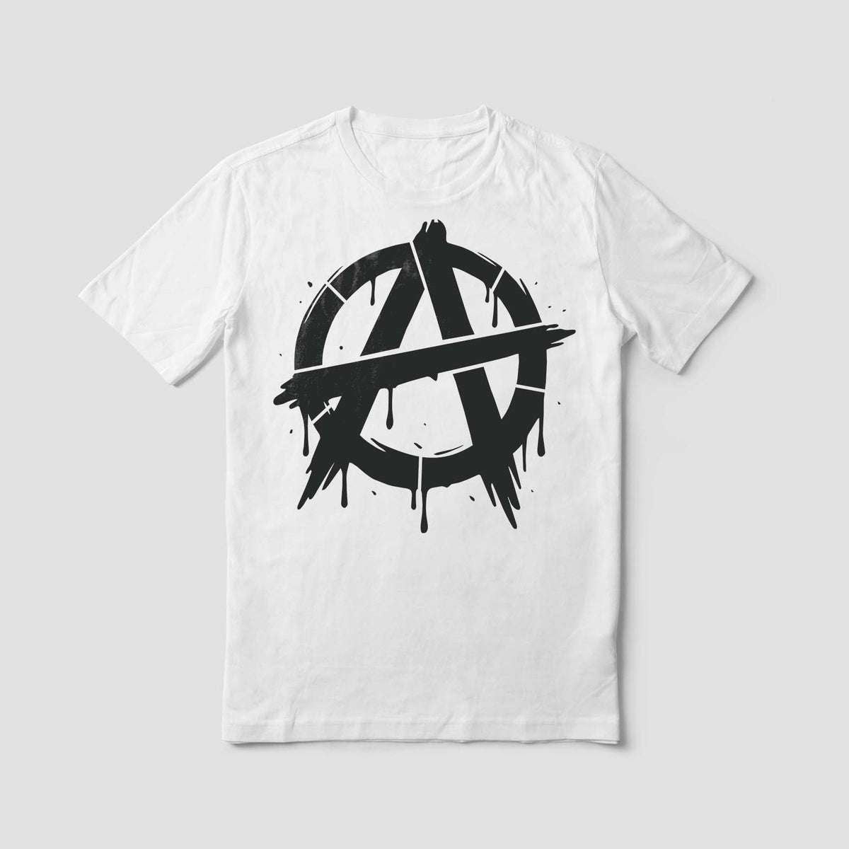 Featuring a dripping circle-A design, the Distressed Anarchy Symbol Graffiti Stencil stands out on a white t-shirt.