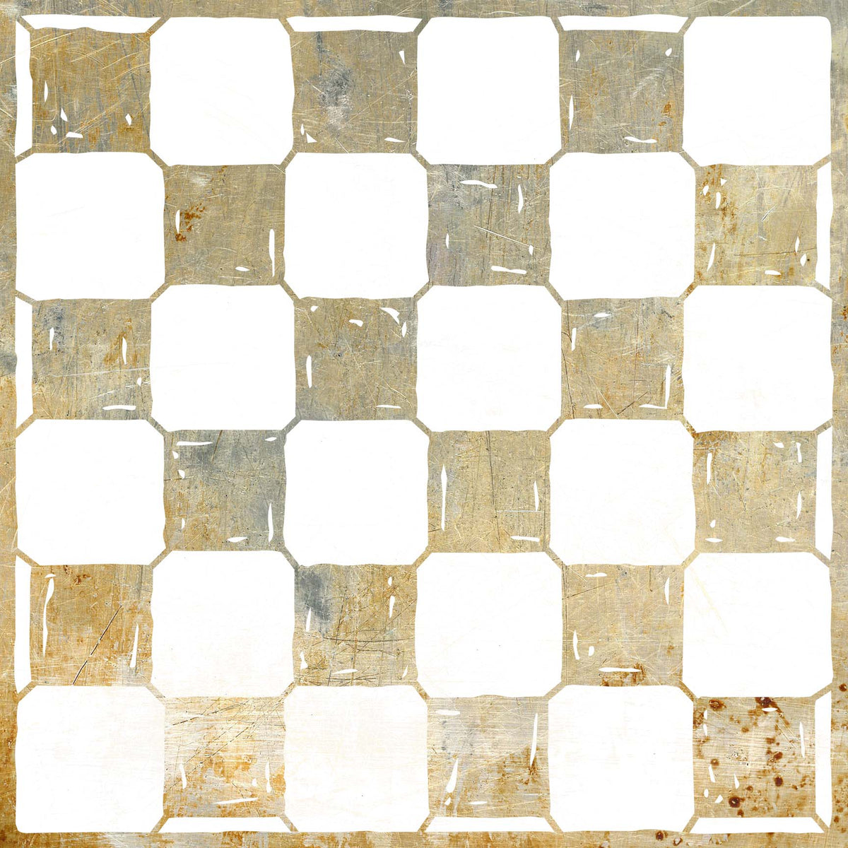 Distressed Checkerboard Pattern Stencil on a grunge metal sheet with weathered white squares.