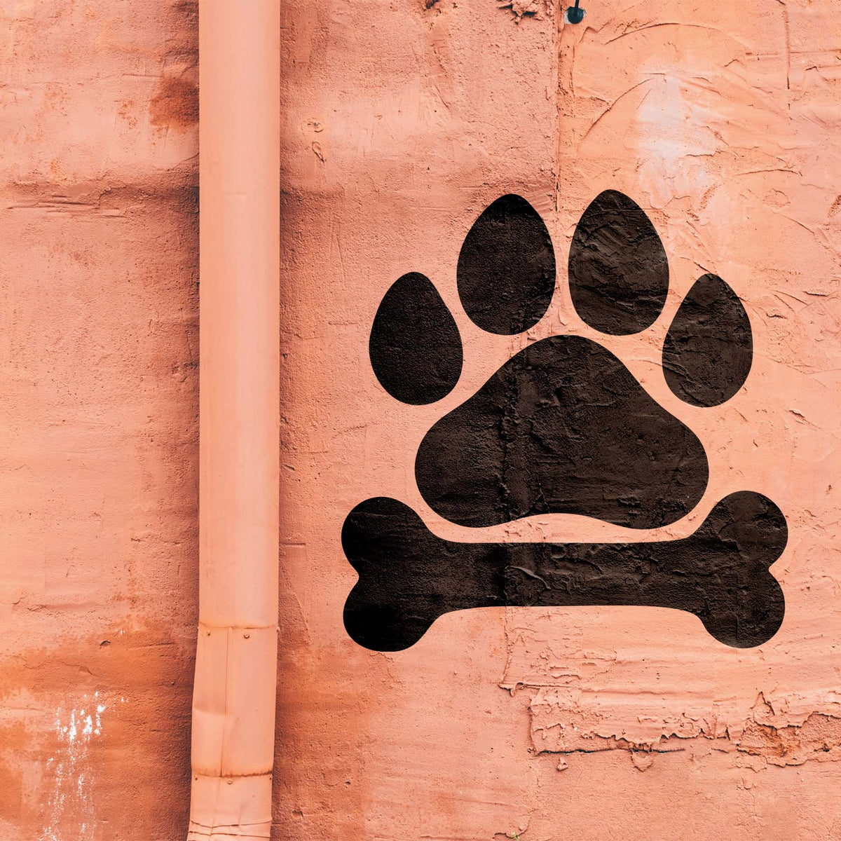 On a textured peach wall, the Dog Paw Print and Bone Stencil appears in striking black
