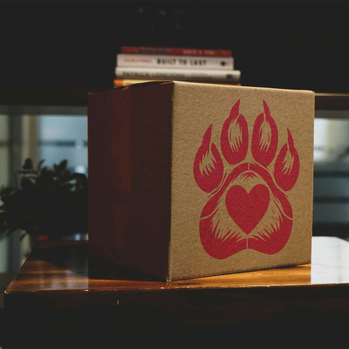 Dog Paw Print Heart Stencil adds a vivid red heart-centered paw design to a kraft box