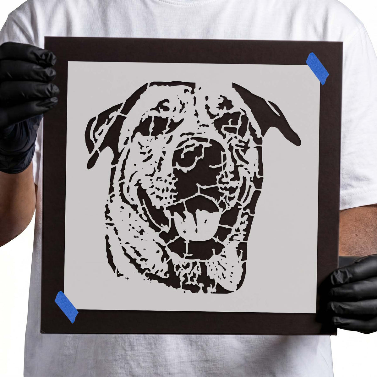 Dog Stencil showing a detailed front-facing canine portrait with floppy ears and playful tongue