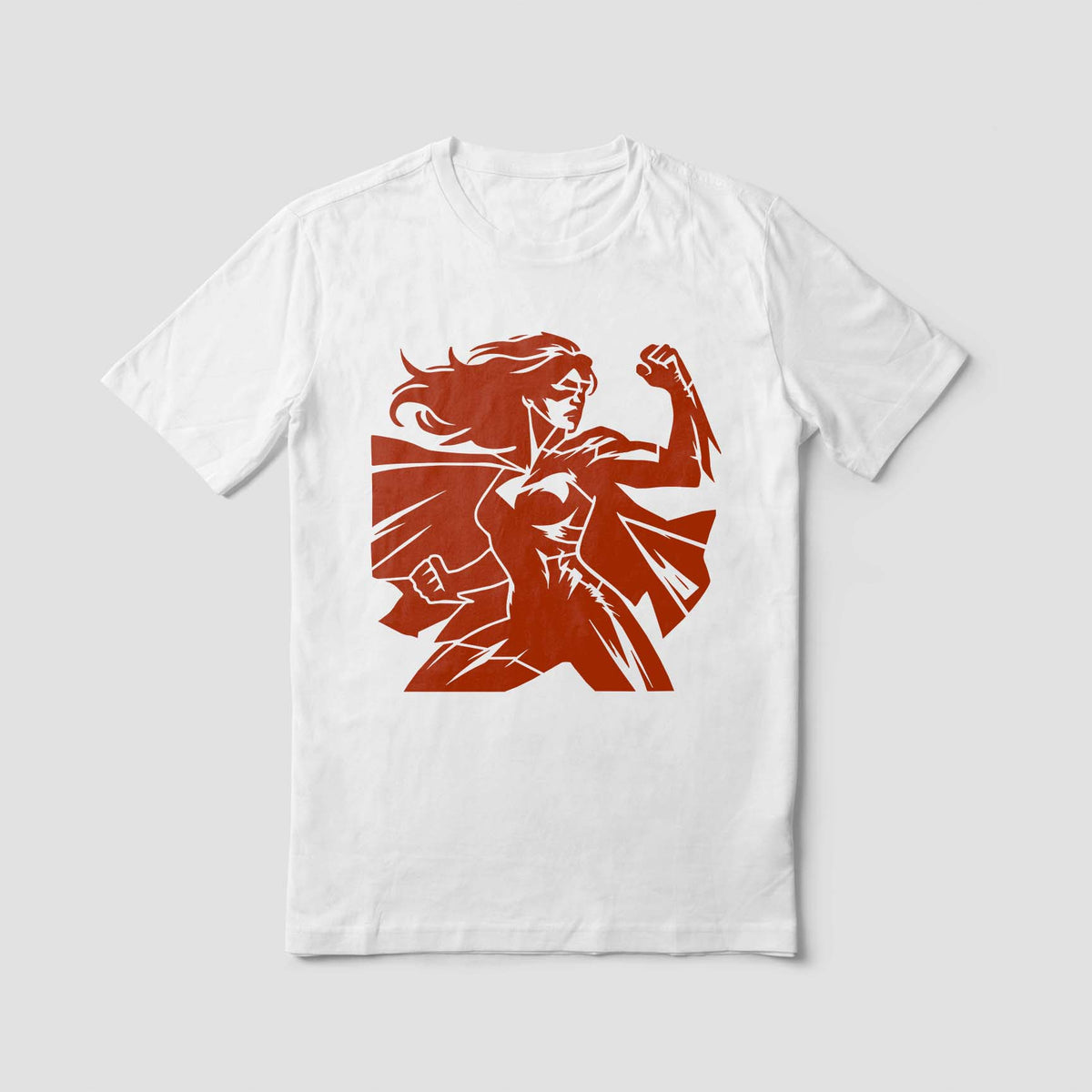 A bold Empowered Female Superhero Stencil adds a flexing caped heroine to a white shirt