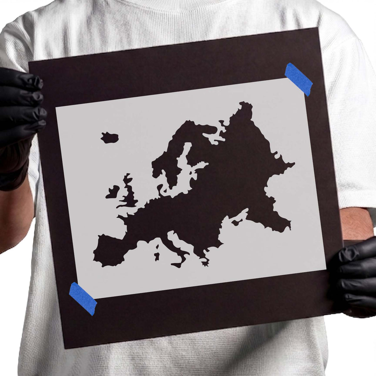 Europe shape stencil featuring detailed continental coastlines, peninsulas, and surrounding islands
