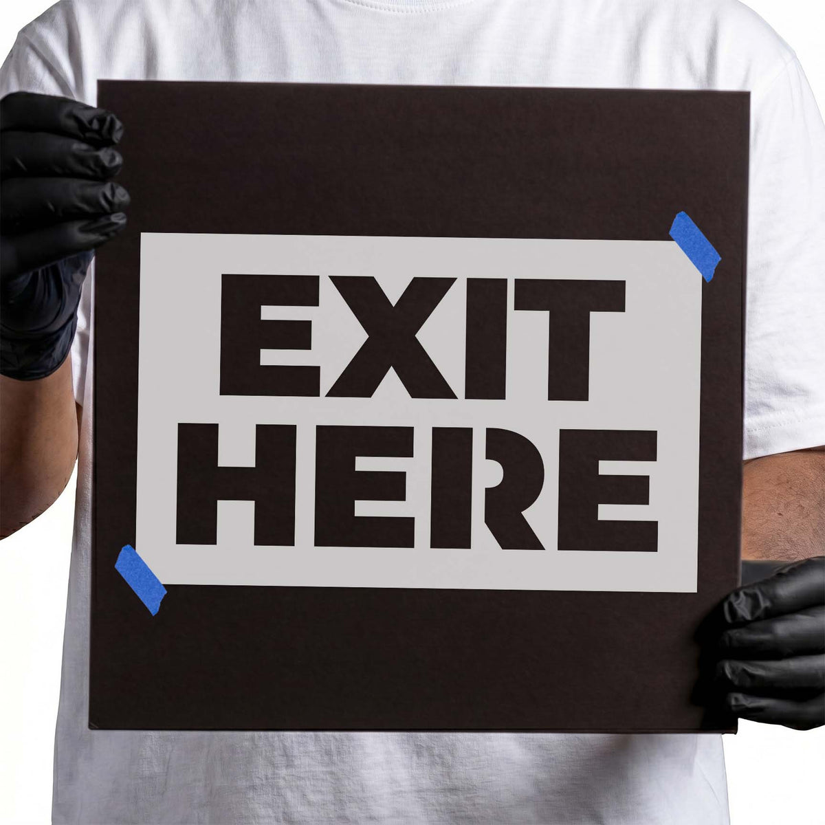 Exit Here stencil featuring bold uppercase block lettering arranged in two stacked rows