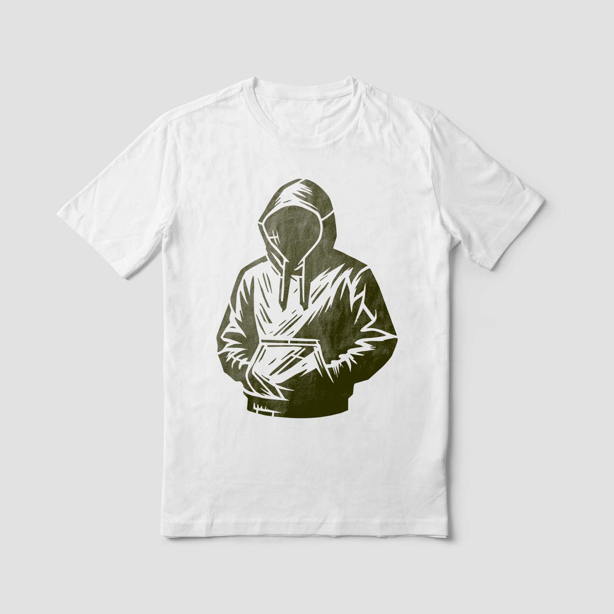 A white tee features the Faceless Hooded Figure Stencil in a distressed olive print.