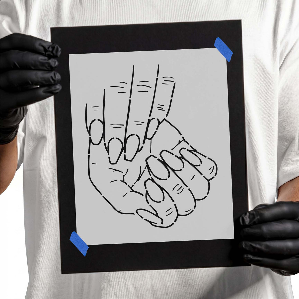 Female acrylic fingernails stencil with two overlapping manicured hands