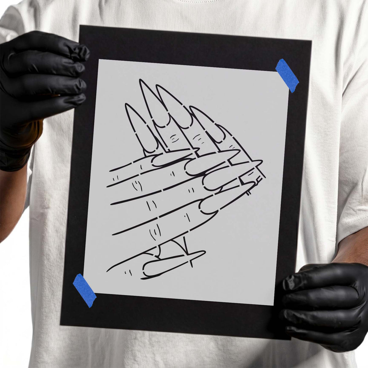 Female hands stencil with overlapping fingers and long pointed fingernails