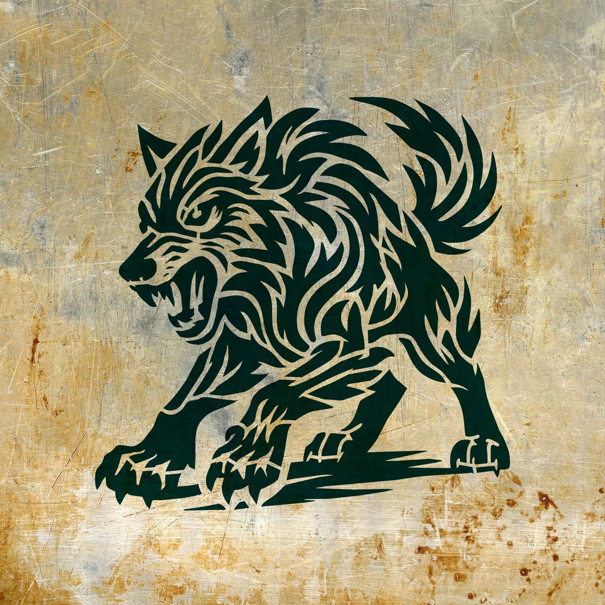 A roaring wolf with sweeping fur and extended claws defines the Fierce Tribal Wolf Stencil on metal.