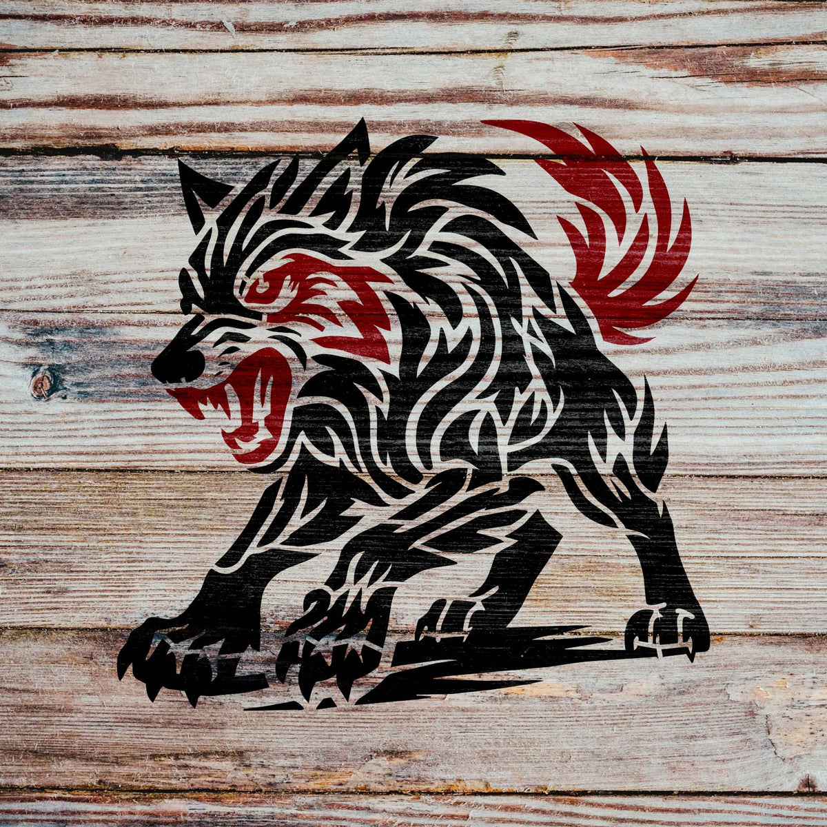 Fierce Tribal Wolf Stencil painted in black and red on rustic wood