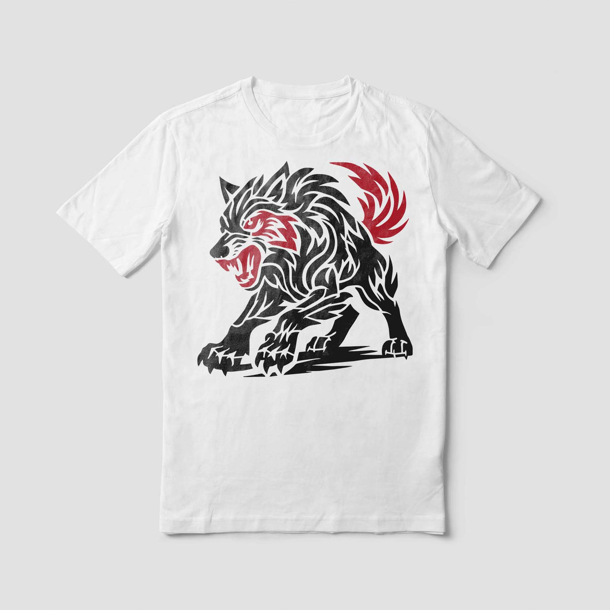 Fierce Tribal Wolf Stencil printed in black and red on white shirt