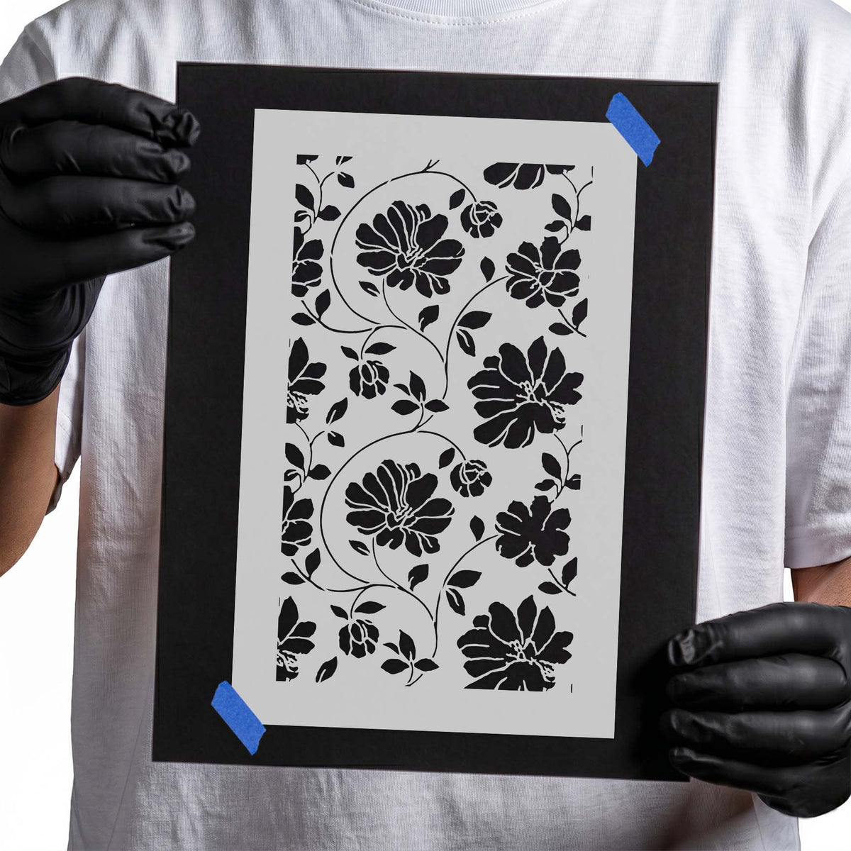 Floral Interior Pattern Stencil with blooming flowers and swirling vines for decor projects