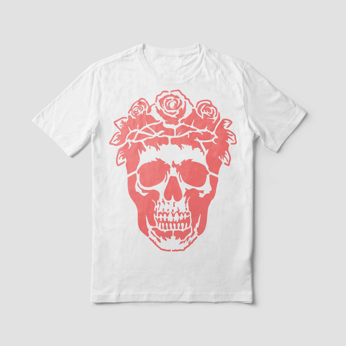 Floral Skull with Rose Crown Stencil adds a striking coral skull and roses to a white shirt