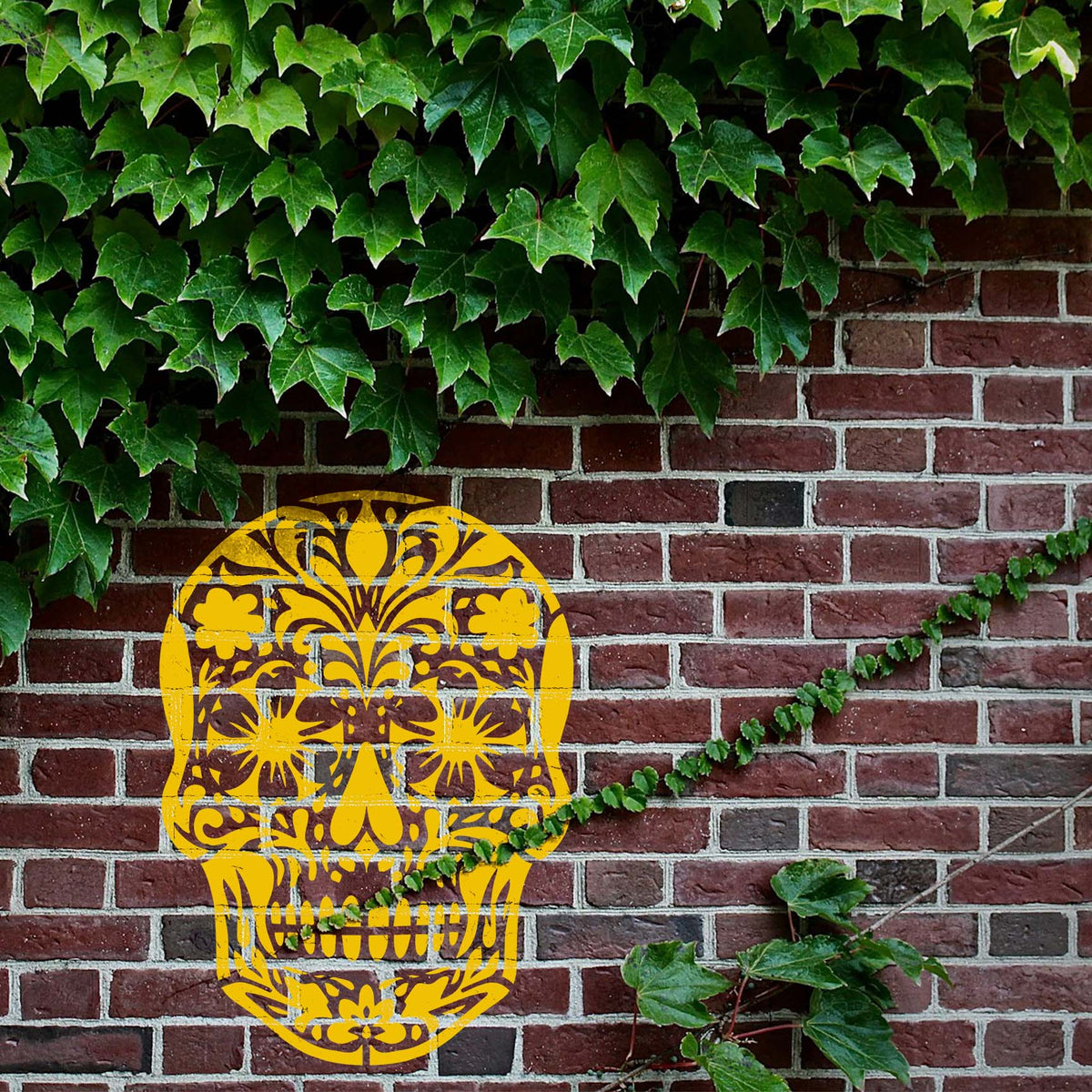 Ivy frames a golden Floral Sugar Skull Stencil painted across a weathered brick wall