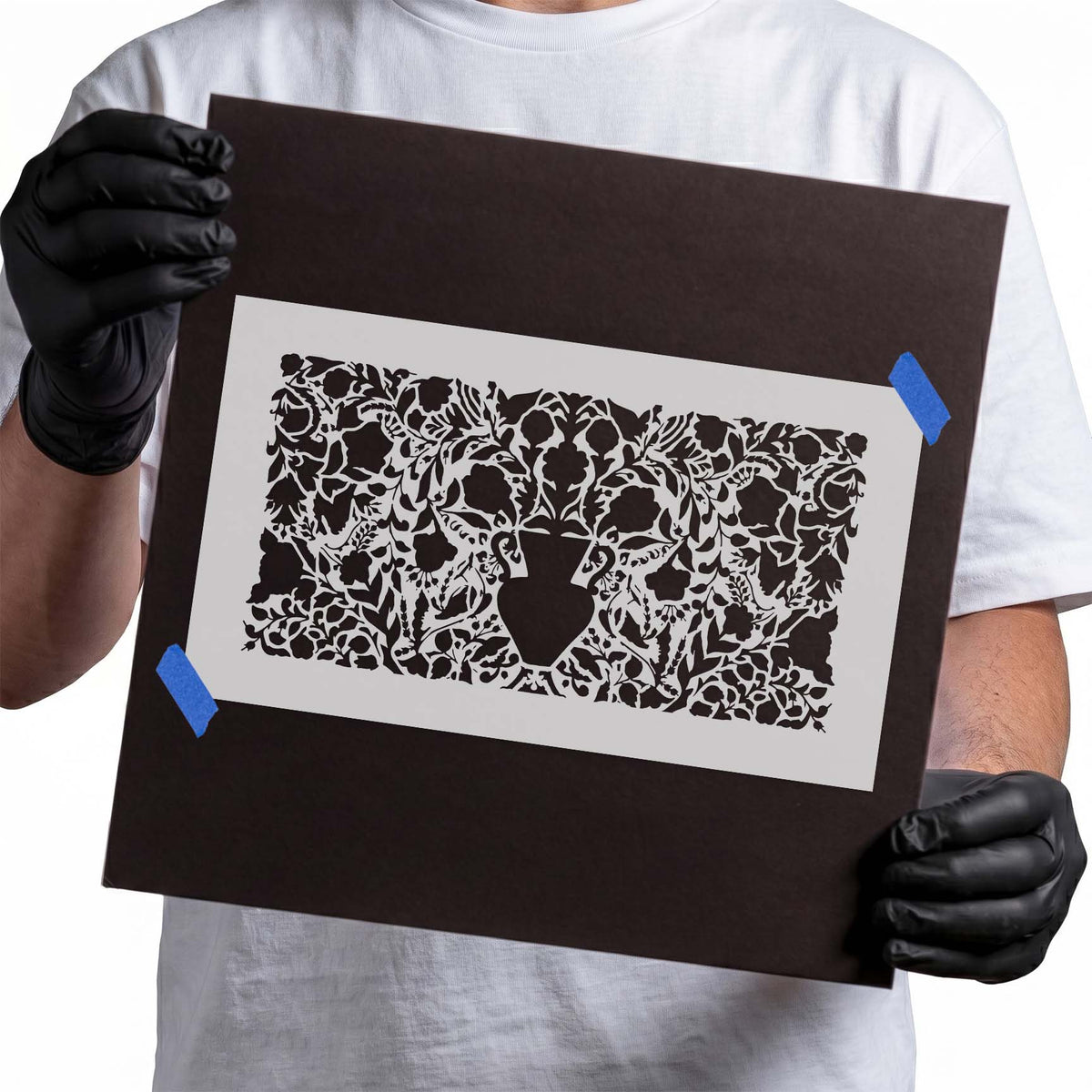 Floral Vase Pattern Stencil featuring a central vase surrounded by intricate flowers, vines, and leaves
