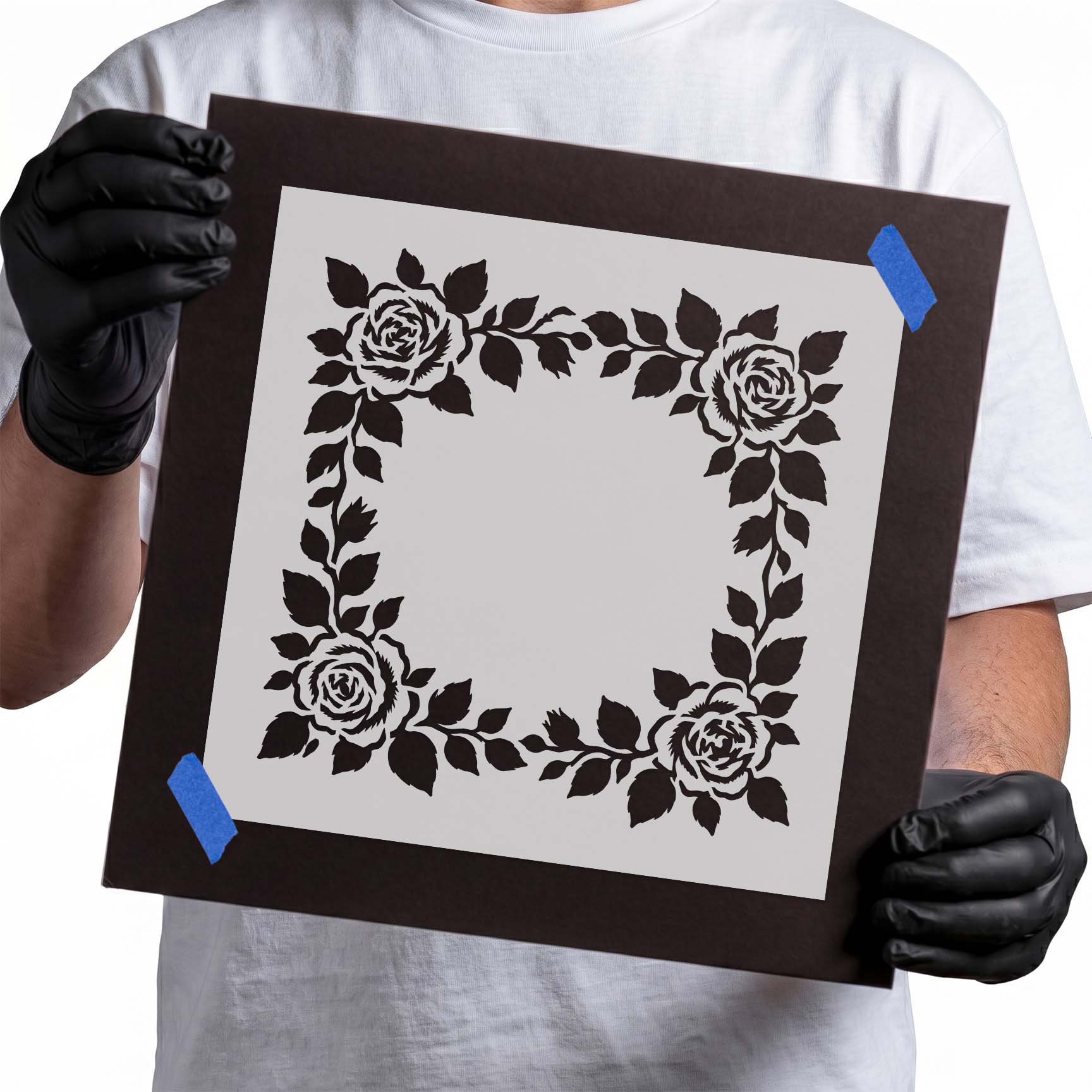Square floral wedding border with roses and leafy vines stencil
