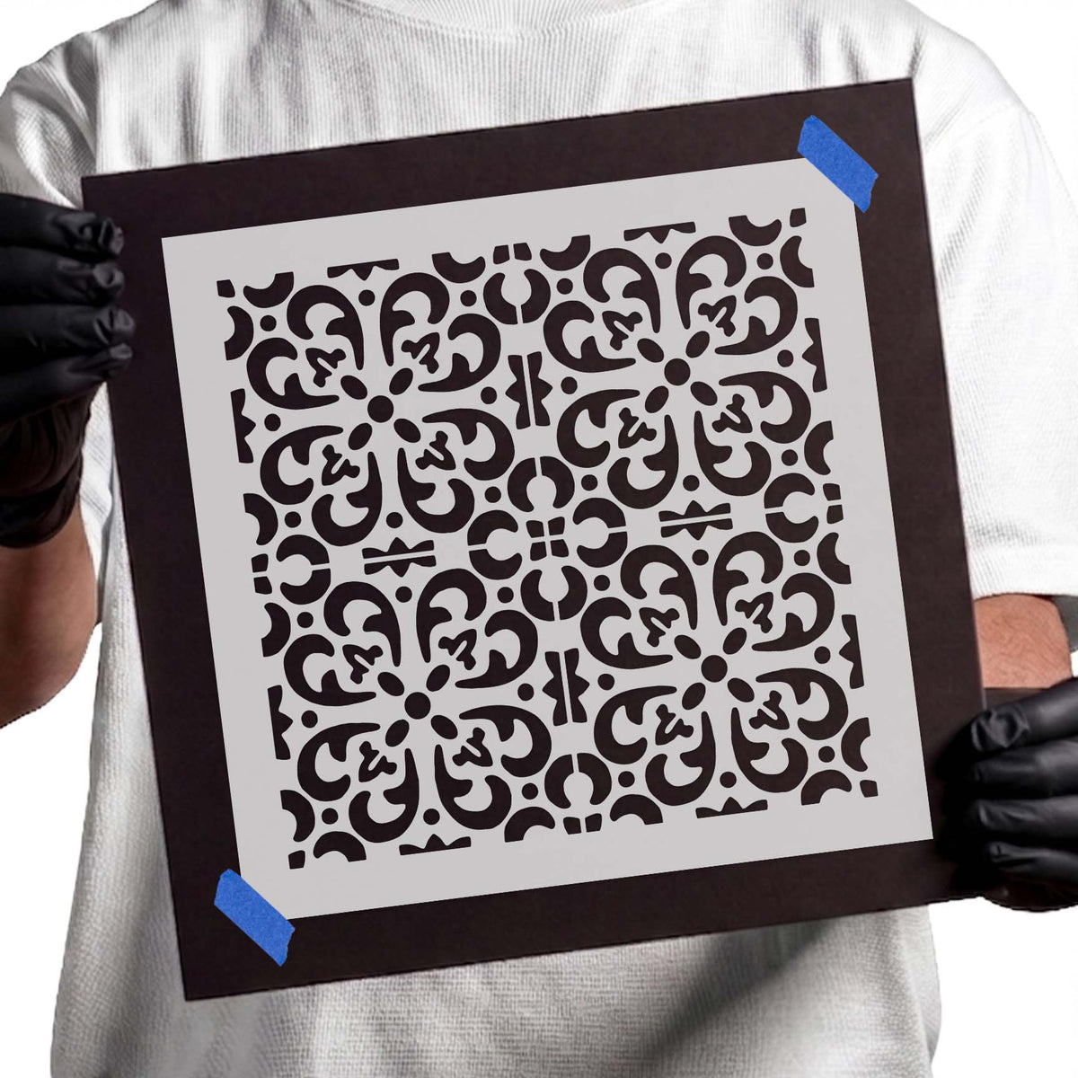Ornamental flower tile pattern stencil with repeating curved floral motifs