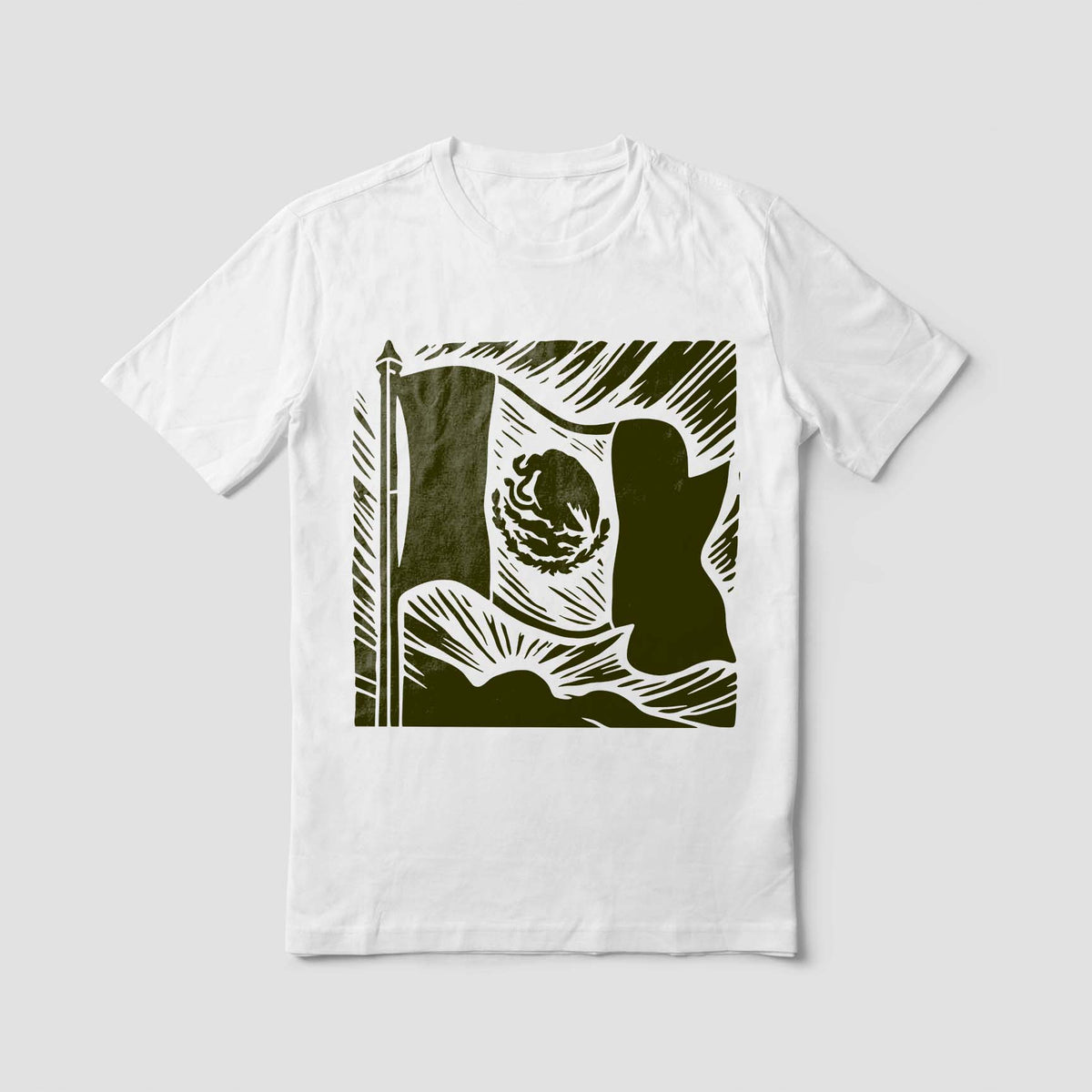 Printed on a white T-shirt, the Flowing Mexico Flag Stencil features the national emblem and folds.