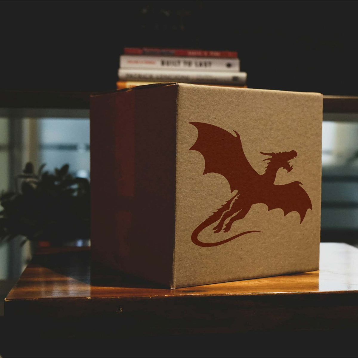 Flying Dragon Silhouette Stencil adds a soaring winged dragon to a kraft box