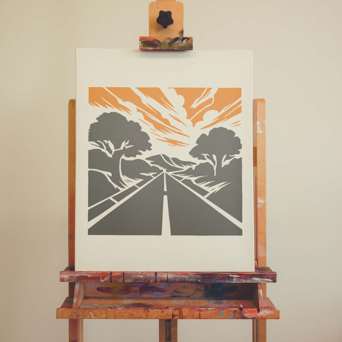 Forest Highway Horizon stencil depicts an open road beneath trees and a dramatic sky