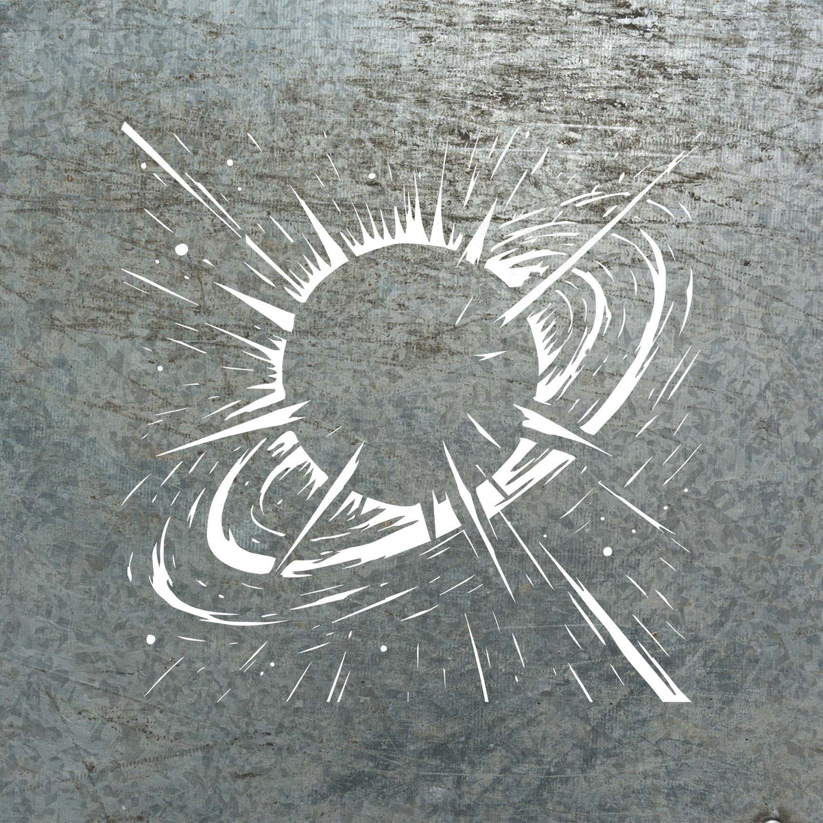 Cosmic rays sweep around the Galactic Solar Burst Stencil in white across weathered metal