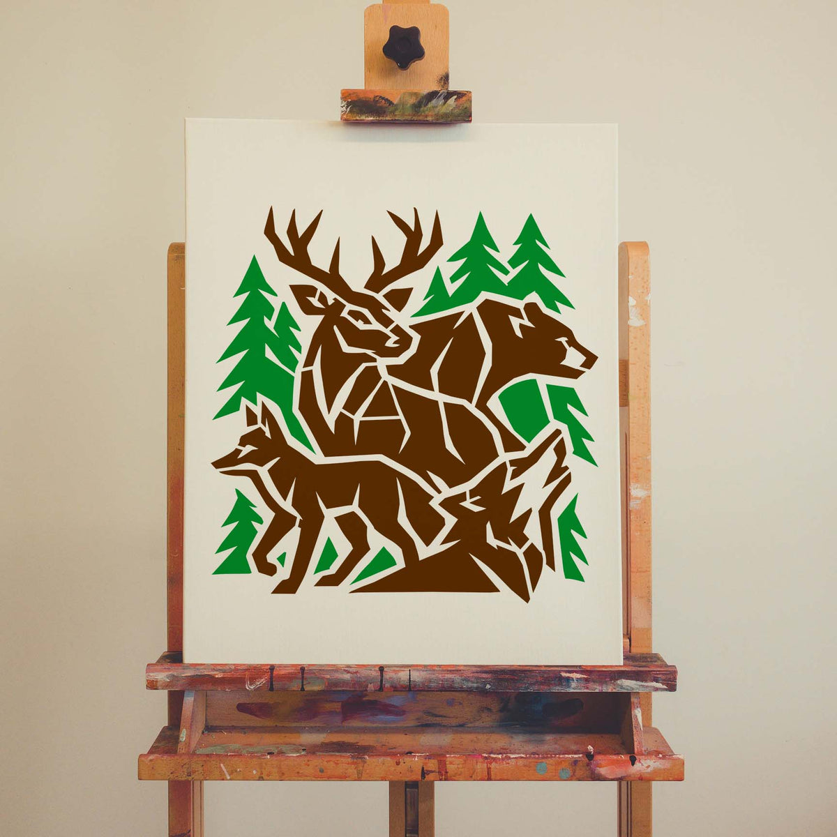 Geometric Forest Wildlife Stencil featuring deer, bear, fox, and wolf on canvas
