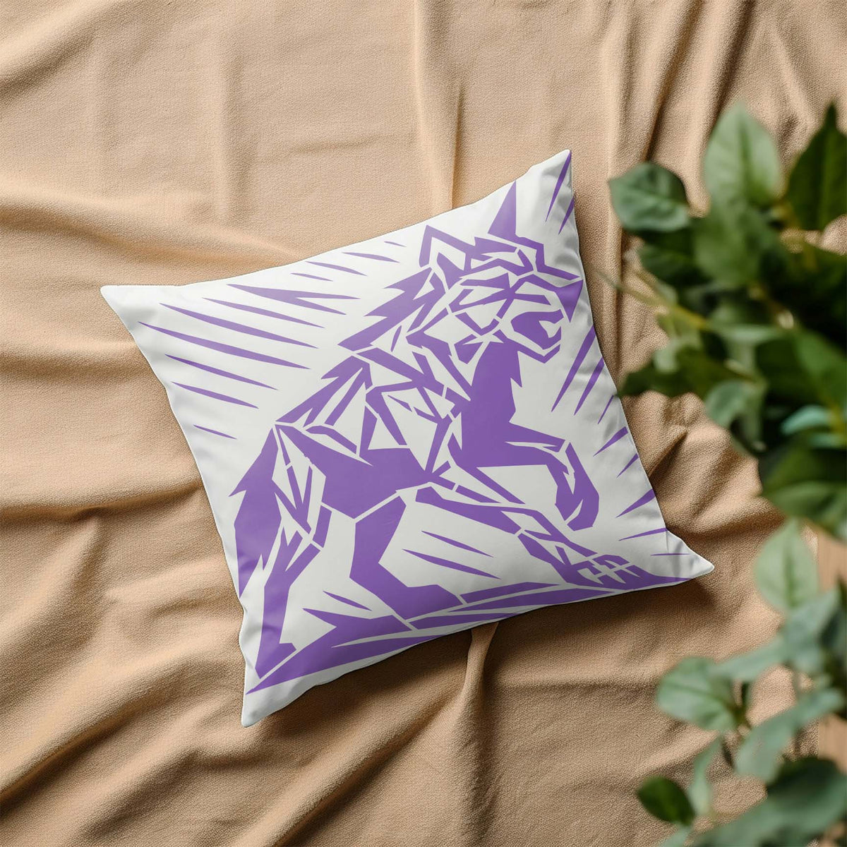 Geometric Howling Wolf Stencil brings a sharp purple angular wolf design to a white pillow.