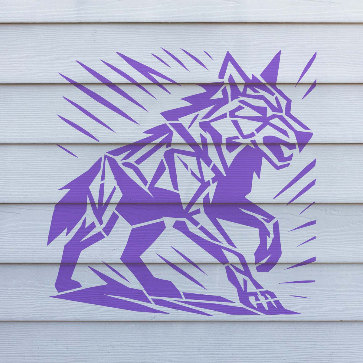 In vivid purple, the Geometric Howling Wolf Stencil creates an angular wolf mural on white siding.