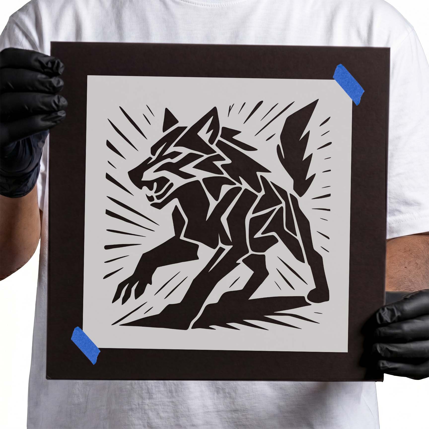 Geometric Wolf Stencil featuring an angular wolf with bold polygon-inspired lines.
