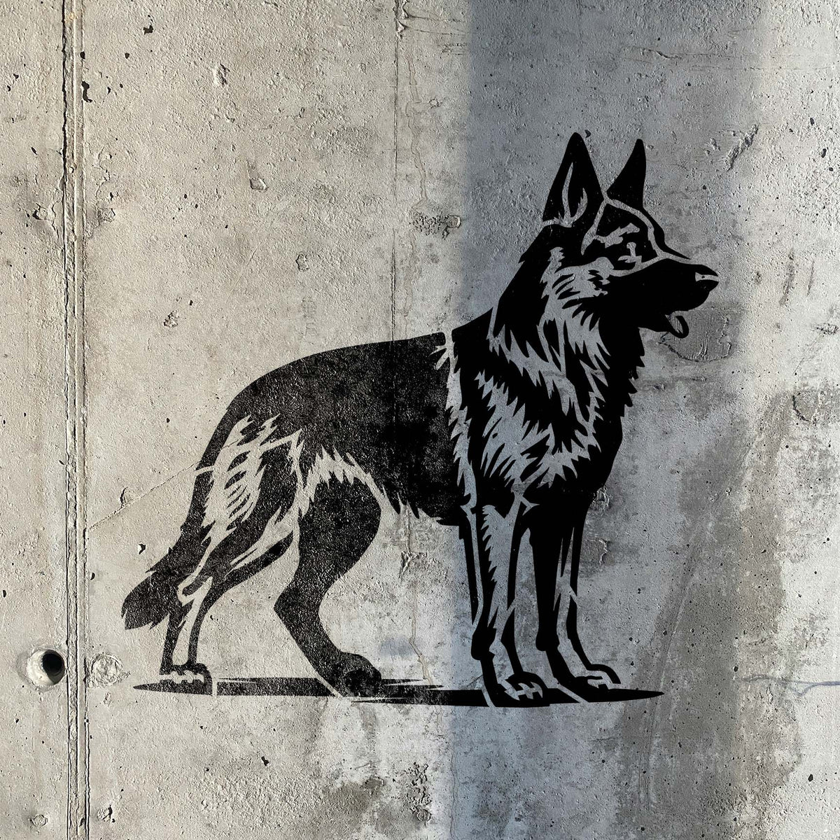 A striking German Shepherd Profile Stencil captures an alert dog with pointed ears on a gray concrete wall.