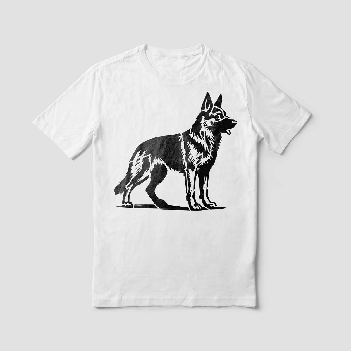 Bold black German Shepherd Profile Stencil artwork features a standing dog with detailed fur on a white T-shirt.