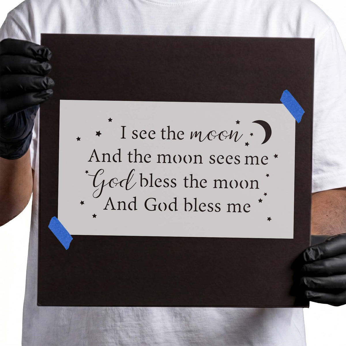 Moon blessing stencil with crescent moon, scattered stars, and mixed lettering