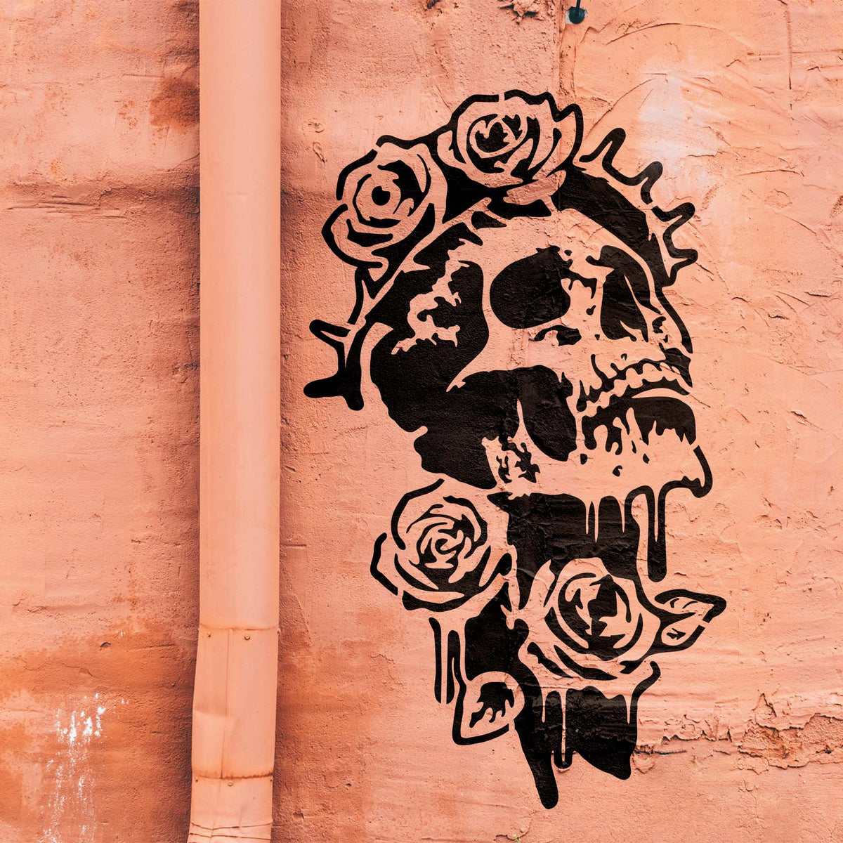 Bold Gothic Skull with Blooming Roses Stencil appears in black across a textured salmon wall