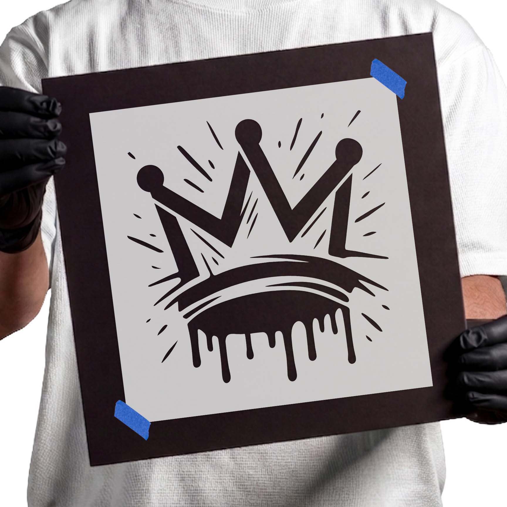 Graffiti Crown Stencil featuring a dripping crown design with bold street art styling.