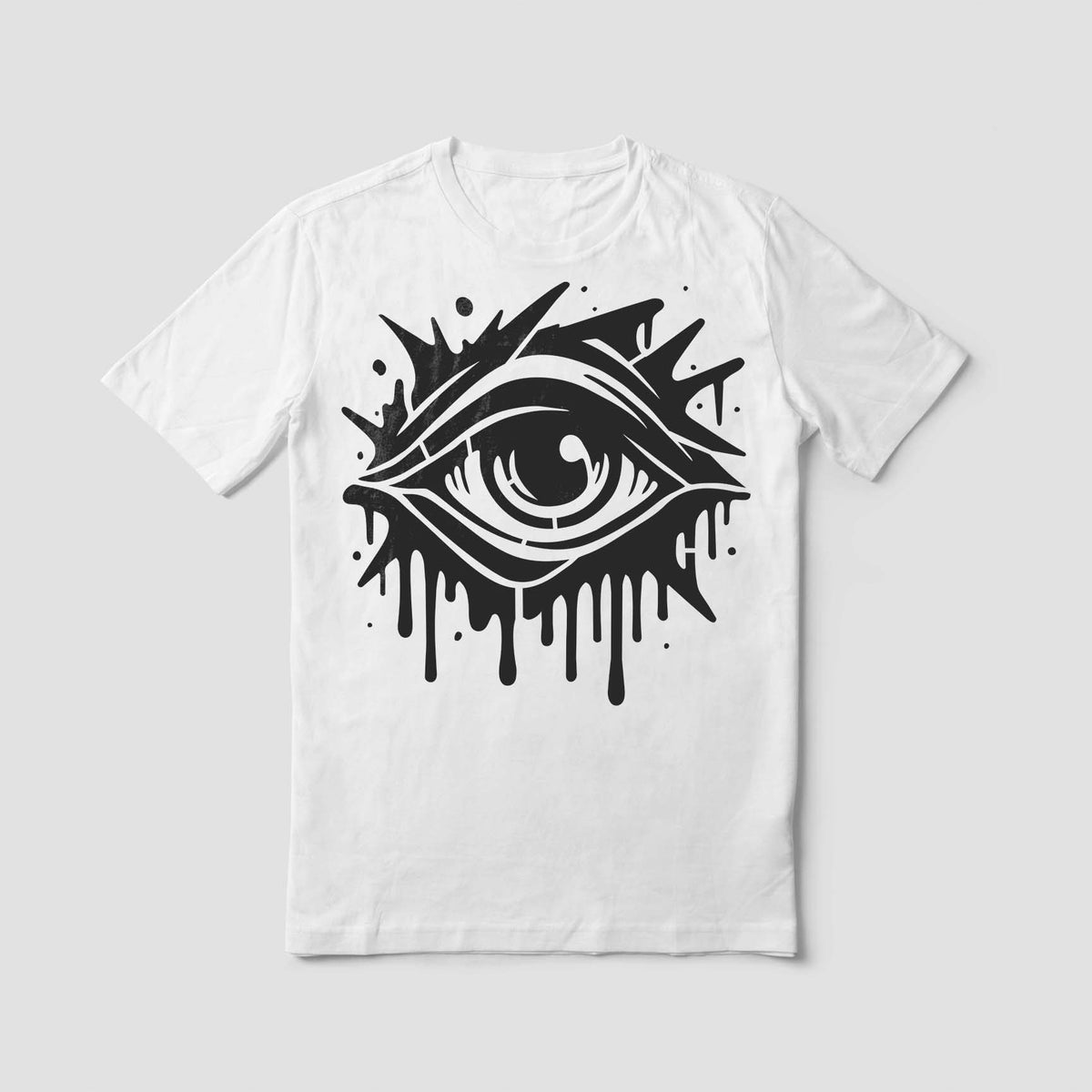 A clean tee features the Graffiti Eye Street Art Stencil in a bold dripping black print.