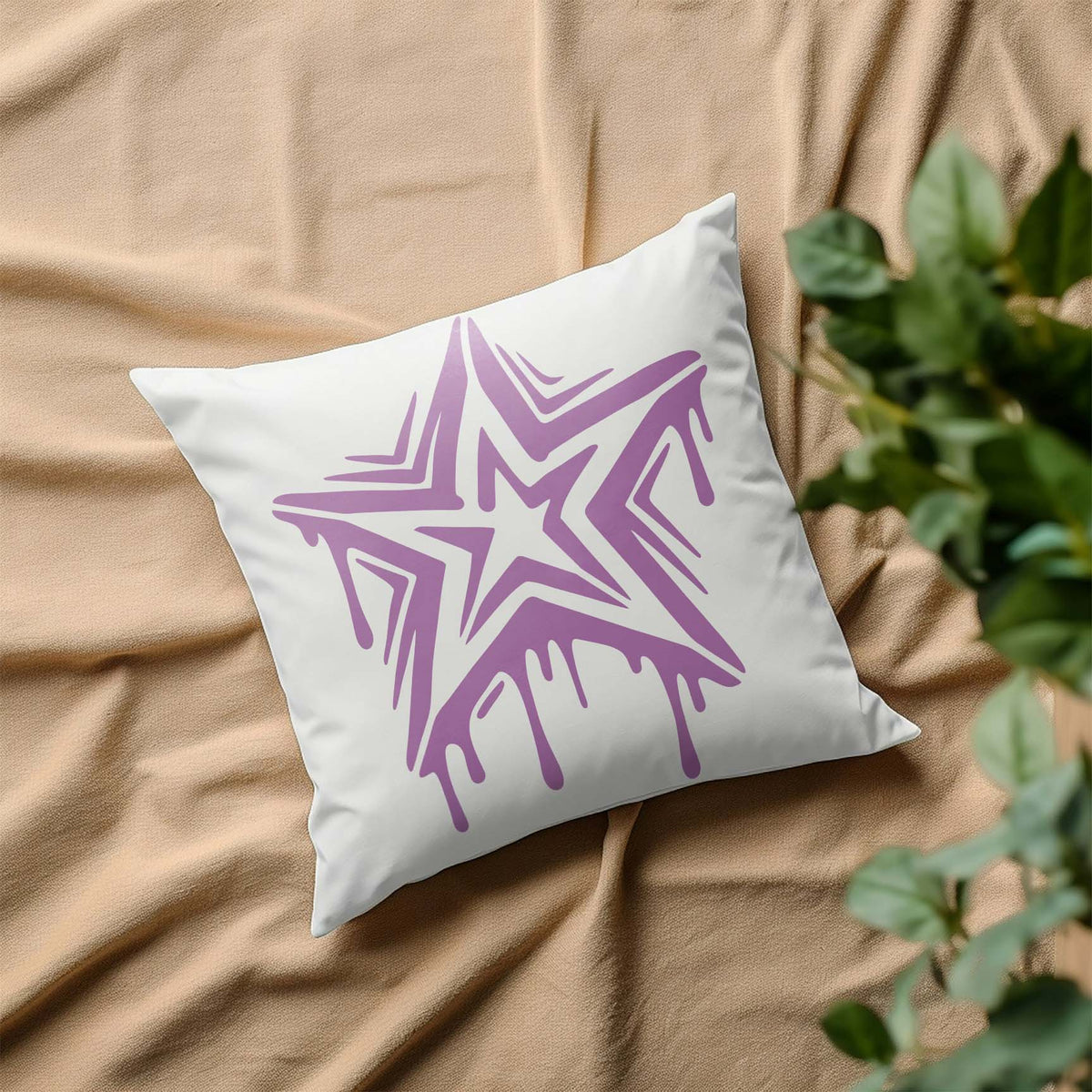 Graffiti Star With Drips Stencil adds a purple street-art star across a crisp white pillow