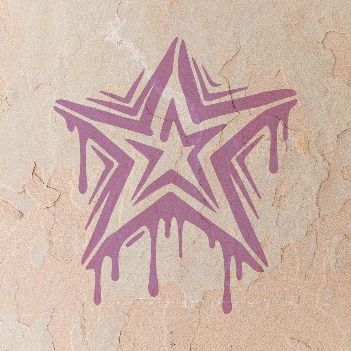 Purple Graffiti Star With Drips Stencil makes a bold layered statement on a weathered stucco wall