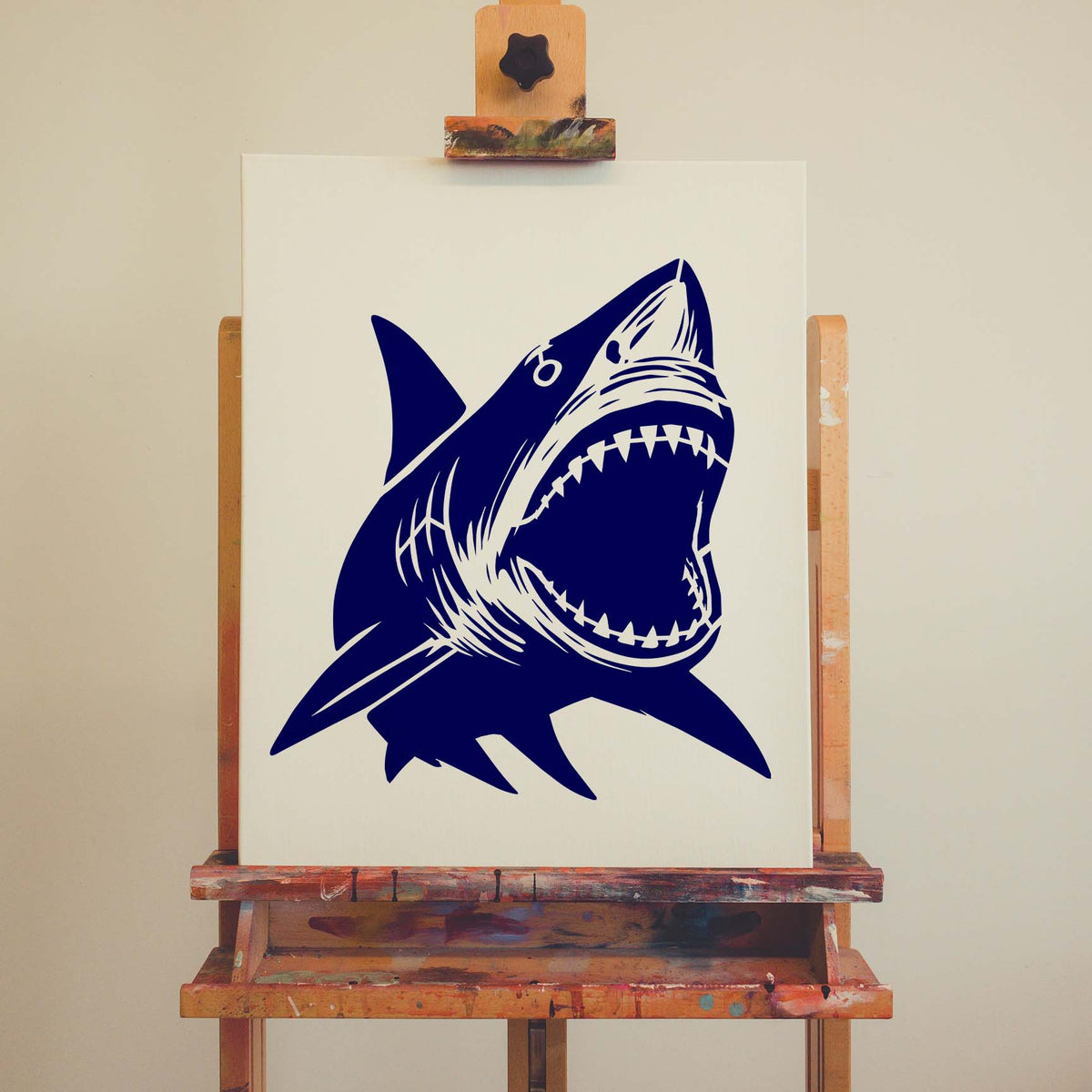 Great White Shark Attack Stencil displays open jaws and sharp teeth on an artist canvas
