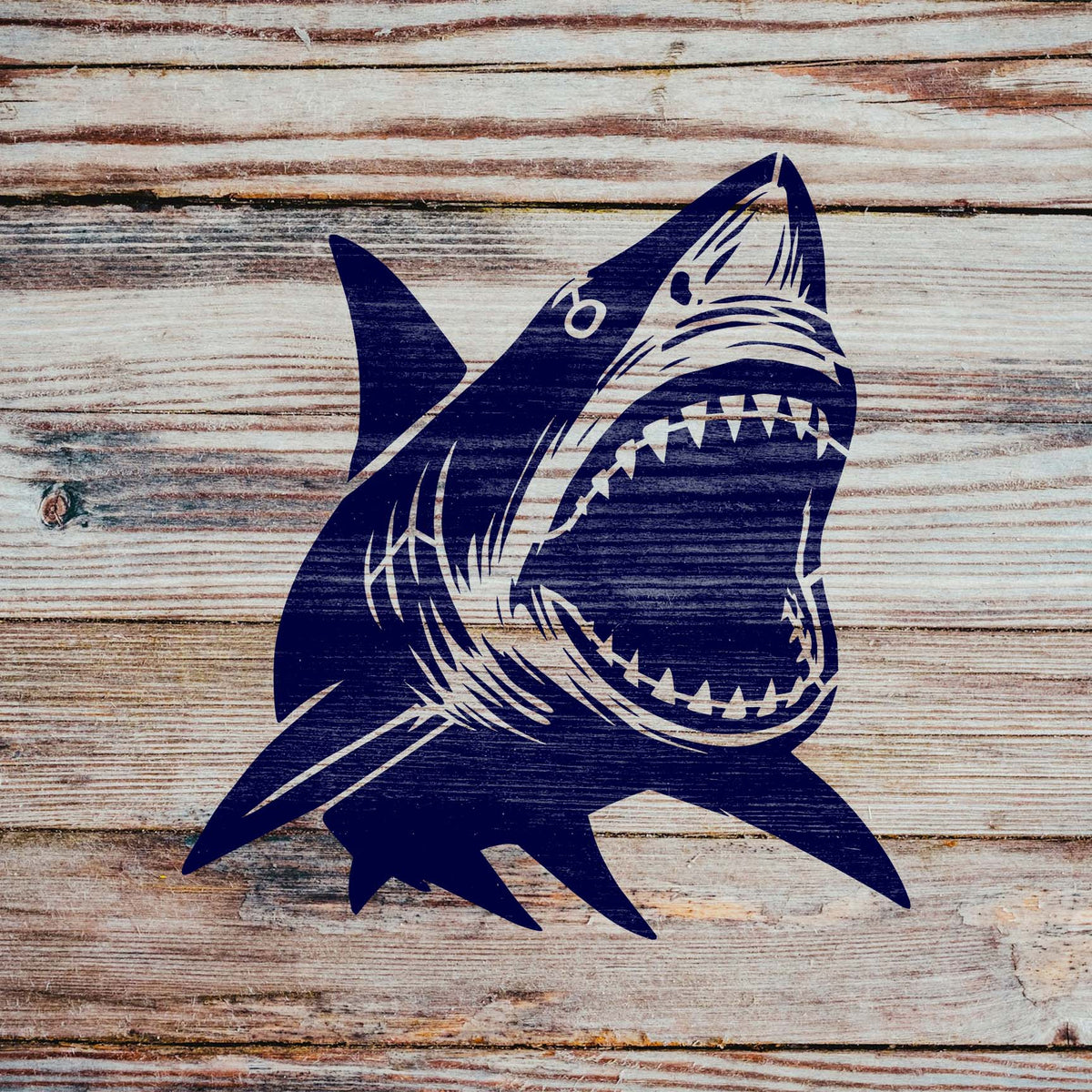 Fierce Great White Shark Attack Stencil stands out with open jaws on weathered wood