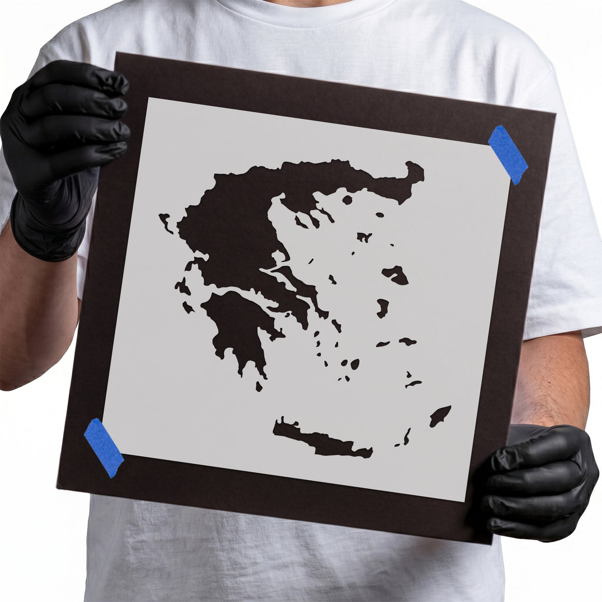 Greece Stencil featuring a detailed mainland silhouette, scattered Greek islands, and Crete