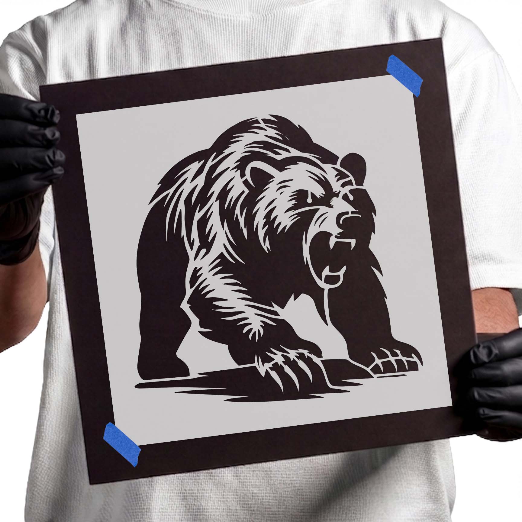 Roaring grizzly bear stencil with detailed fur and open mouth
