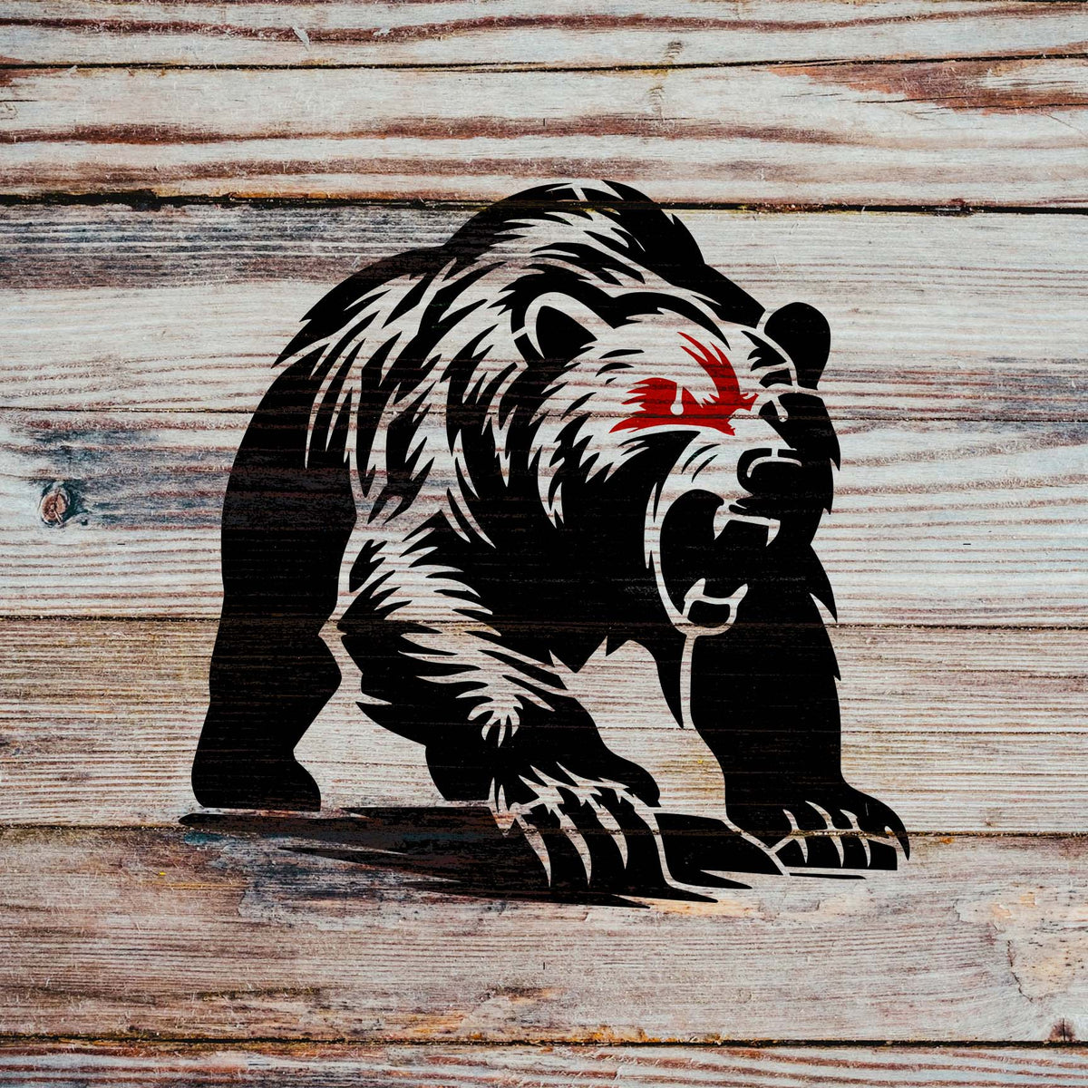 Bold roaring grizzly bear stencil with red eyes painted on rustic wood
