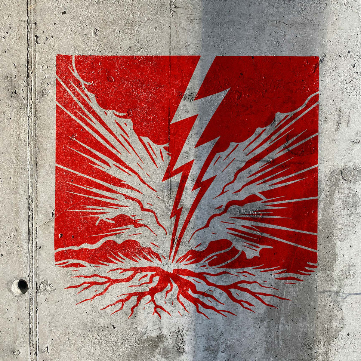 Red Ground Strike Lightning Stencil cracks into the earth across a raw concrete wall