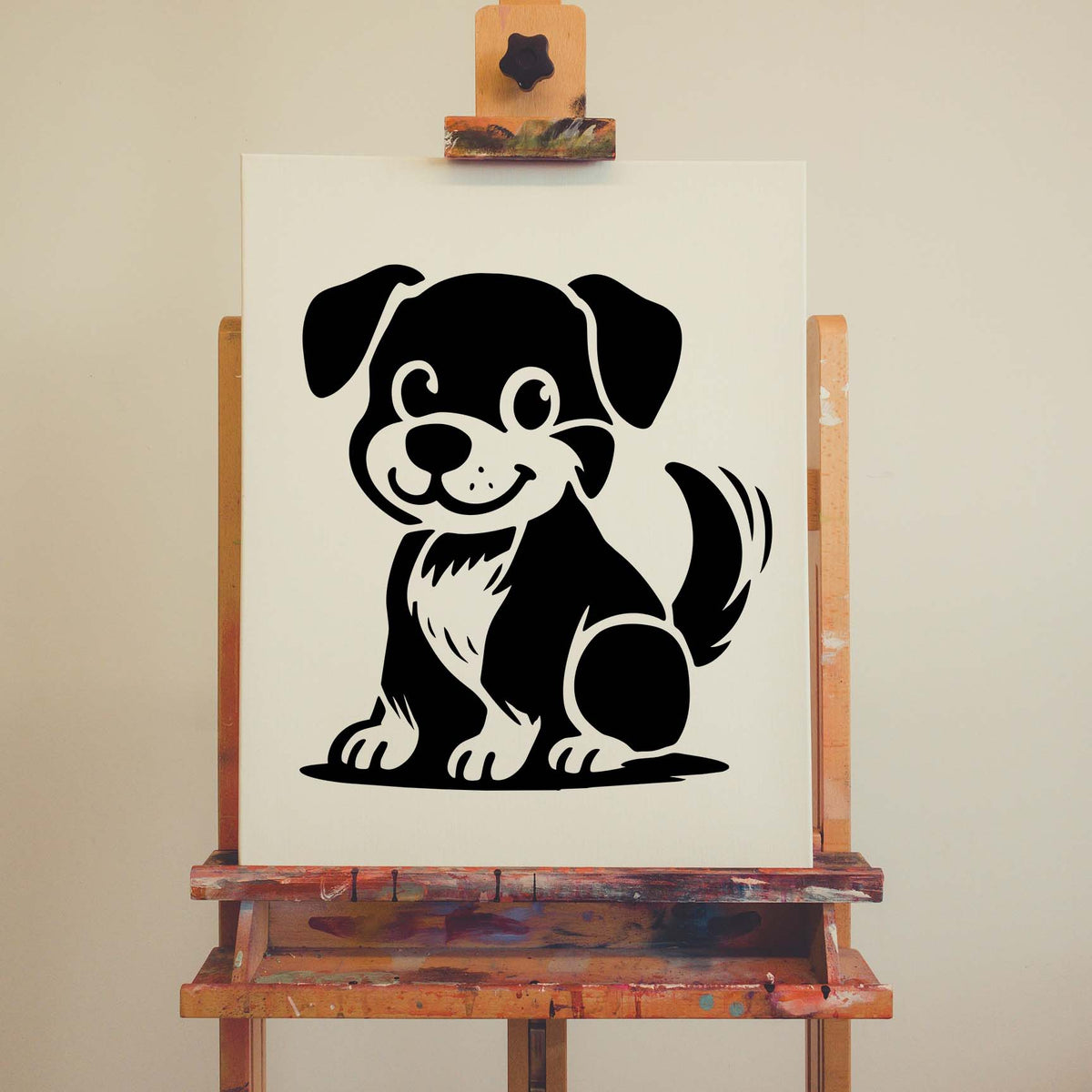 Happy Sitting Puppy Stencil displayed on a canvas atop a wooden easel with a cheerful wagging tail.