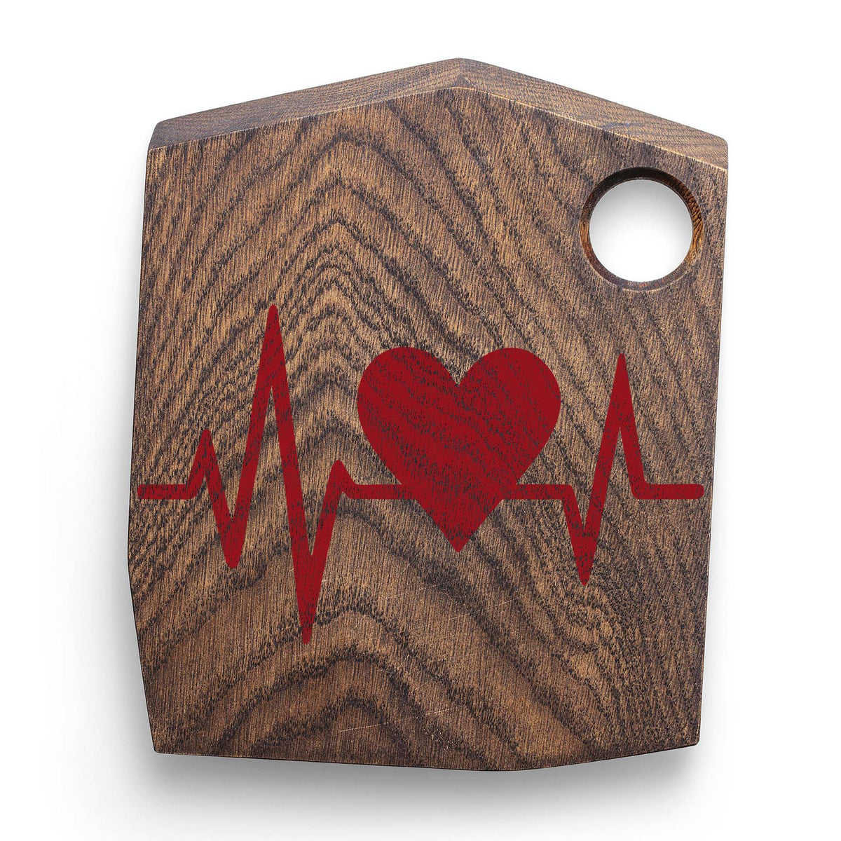 Heartbeat Heart Pulse Line Stencil adds a red heart and EKG pulse design to a dark wood cutting board